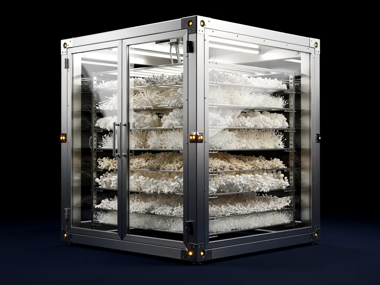 Modular open growth chamber — steel and glass, internal mycelium colonies